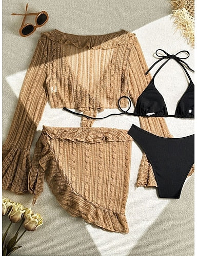 Swimwear Bikini Three Piece Cheeky Swimsuit Slim Backless Vacation Beach Wear Color Halter Neck Sleeveless Long Sleeve Bathing Suits