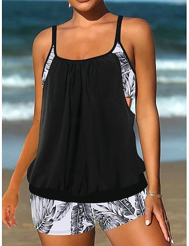 Tankini 2 Piece Swimsuit Palm Shorts Tummy Control High Waist Slim Backless Vacation Beach Wear Color Block Leaves U Neck Sleeveless Bathing Suits