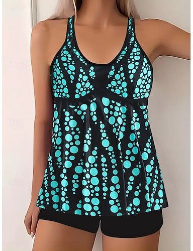 Tankini 2 Piece Swimsuit Palm Boy Leg Tummy Control High Waist Slim Backless Vacation Beach Wear Sunflower V Neck Sleeveless Bathing Suits