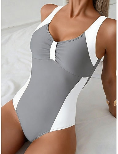 Swimwear One Piece Monokini Cheeky Swimsuit Tummy Control High Waist Slim Backless Vacation Color Graphic U Neck Sleeveless Bathing Suits