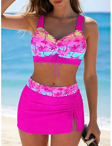 Swimwear Tankini 2 Piece Skirt Swimsuit Vacation Graphic Tropical V Neck Sleeveless Bathing Suits