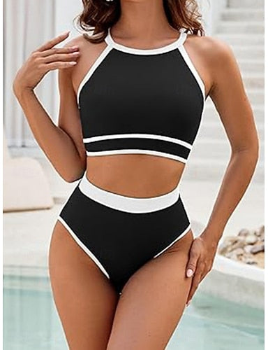 Bikini 2 Piece Swimsuit Colorblock Briefs Slim Backless Vacation Beach Wear Stripe Halter Neck Sleeveless Bathing Suits