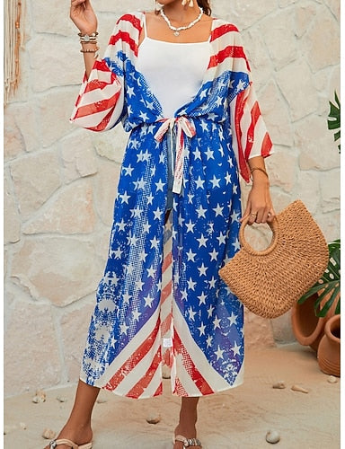 Swimwear Cover Up Swimsuit Vacation Beach Wear Flag V Neck Long Sleeve Bathing Suits
