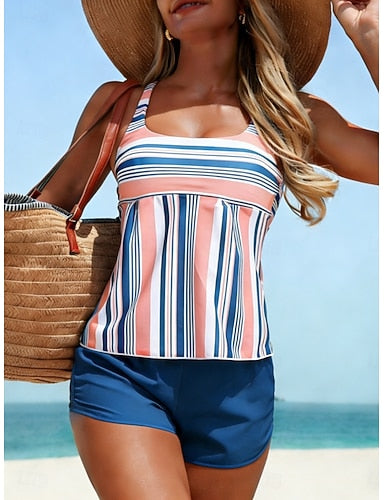 Swimwear Tankini 2 Piece High Waist Swimsuit Tummy Control High Waist Slim Backless Vacation Beach Wear Striped U Neck Sleeveless Bathing Suits