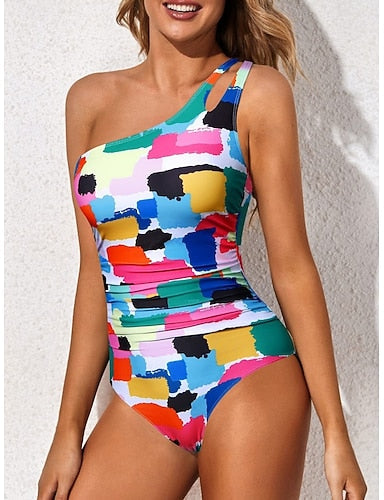One Piece Swimsuit Slimming One Shoulder Colorblock Monokini Tummy Control High Waist Slim Backless Vacation Beach Wear Color Graphic Asymmetric Neck Sleeveless Bathing Suits