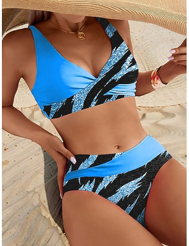Swimwear Bikini Cheeky Swimsuit Vacation Graphic Striped V Neck Sleeveless Bathing Suits
