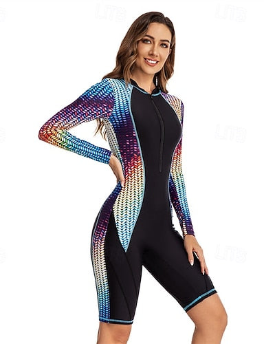 Rash Guard One Piece Swimsuit Patchwork Front Zip Spandex Uv Sun Protection Upf50+ Quick Dry Long Sleeve Bodysuit Bathing Suit Surfing Beach Water Sports Summer