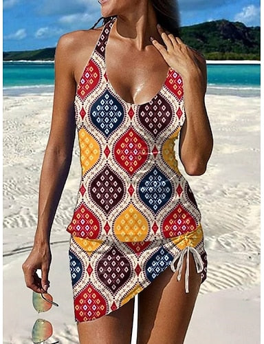 Swimwear Tankini Skirt Swimsuit Vacation Graphic Geometic V Neck Sleeveless Bathing Suits