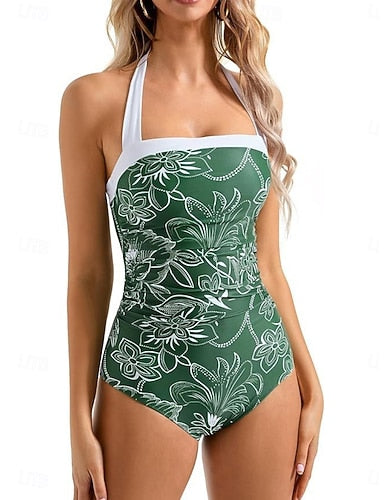 One Piece Swimsuit Slimming Cutout Leopard Monokini Briefs Tummy Control High Waist Slim Backless Vacation Beach Wear Color Color Block Halter Neck Sleeveless Bathing Suits