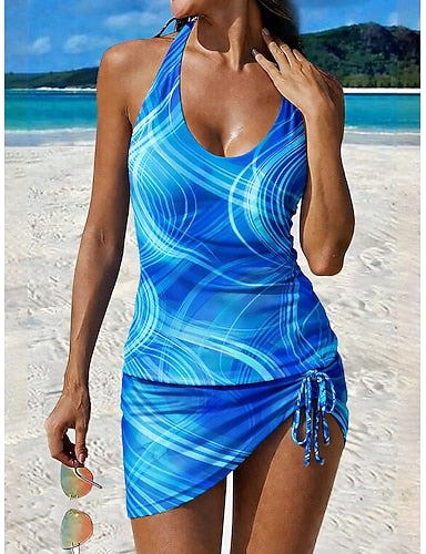 Swimwear Tankini Skirt Swimsuit Drawstring Vacation Graphic Geometic V Neck Sleeveless Bathing Suits