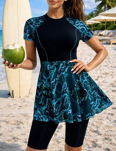 Rash Guard Bathing Suit 2 Pieces Printed Knee-length Leg Uv Protection Elastic Short Sleeve Swimwear Swimsuit Surfing Beach Swimming Summer