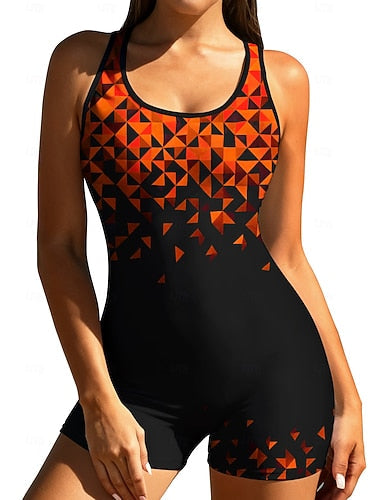 Standard Rash Guard One Piece Surfing Suit Bathing Suit Geometric Color-blocking With Built in Bra Boyleg Brief Leg Uv Protection Stretchy Sleeveless Surfing Snorkeling Water Sports Summer