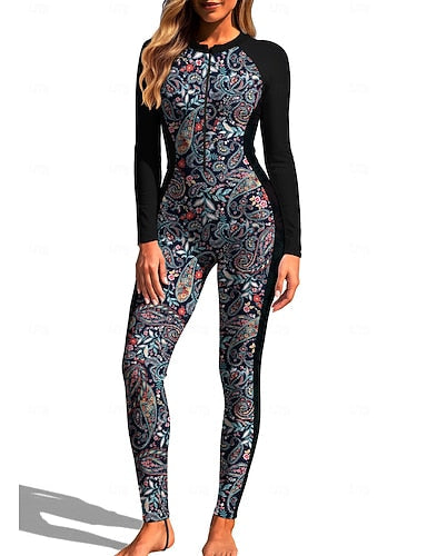 Medium Rash Guard Full Body Rash Guard One Piece Surfing Suit Paisley Folk Zip Up With Built in Bra Front Zip Uv Sun Protection Full Coverage Upf50+ Long Sleeve Full Body Swimwear Bodysuit