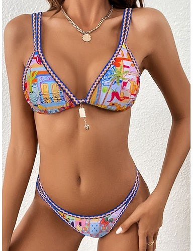 Bikini 2 Piece Swimsuit Thong Slim Backless Vacation Beach Wear Graphic V Neck Sleeveless Bathing Suits