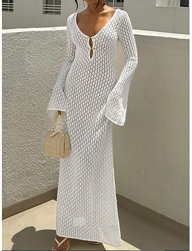 Swimwear Cover Up Swim Dress Swimsuit Crochet Vacation Beach Wear Color V Neck Long Sleeve Bathing Suits