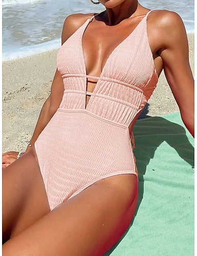 One Piece Swimsuit Slimming Cutout Monokini Tummy Control High Waist Slim Backless Vacation Beach Wear Color V Neck Sleeveless Bathing Suits
