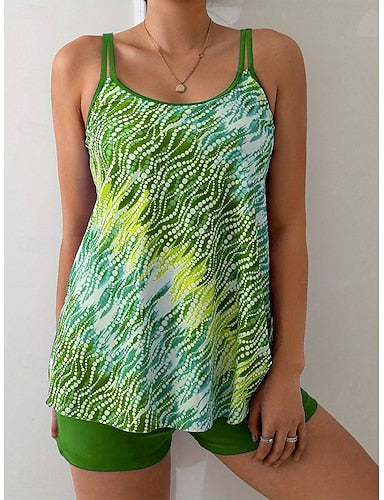 Tankini 2 Piece Swimsuit High Waist Backless Vacation Beach Wear Ombre Graphic U Neck Sleeveless Bathing Suits