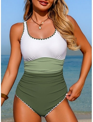 Swimwear One Piece Monokini Swimsuit Tummy Control High Waist Slim Backless Vacation Beach Wear Color Block Scoop Neck Sleeveless Bathing Suits
