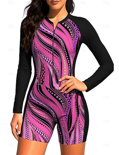 Rash Guard Dive Skin Suit Bathing Suit Swimsuit Set Abstract Geometry Zip Up Removable Pad Front Zip Uv Sun Protection Upf50+ Ultra Light (ul) Long Sleeve Swimwear Sun Shirt Surfing Beach