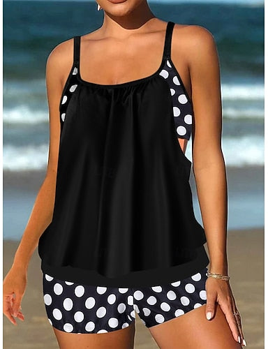 Tankini 2 Piece Swimsuit Shorts Tummy Control High Waist Slim Backless Vacation Beach Wear Polka Dot U Neck Sleeveless Bathing Suits