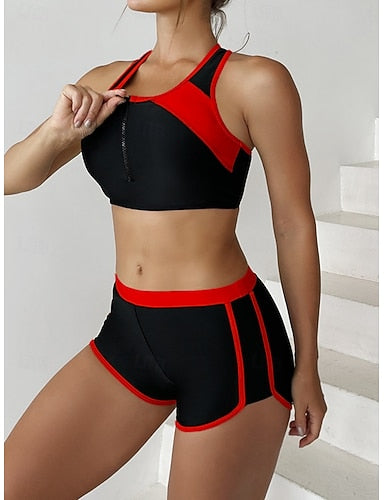 Tankini 2 Piece Swimsuit Colorblock Shorts Backless Tummy Control High Waist Slim Vacation Beach Wear Color Block U Neck Sleeveless Bathing Suits