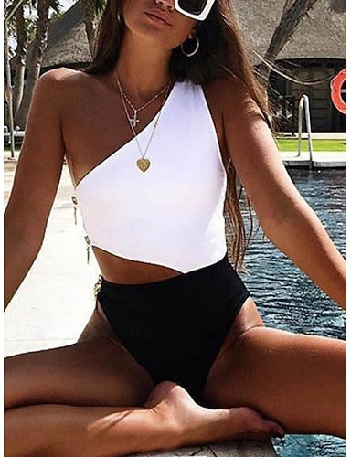 One Piece Swimsuit One Shoulder Colorblock Monokini Tummy Control High Waist Slim Backless Vacation Beach Wear Color Block Asymmetric Neck Sleeveless Bathing Suits