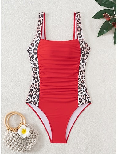 One-piece Tummy Control Bathing Suits Scoop Neck Leopard Print Panels Racerback Ruched Summer Beachwear Quick-dry Stretch Fabric Full Size Black Swimsuit