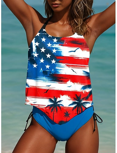 Independence Day American Swimwear Tankini High Cut Swimsuit Active Vacation Graphic V Neck Sleeveless Bathing Suits