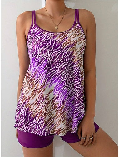 Tankini 2 Piece Swimsuit High Waist Backless Vacation Beach Wear Ombre Graphic U Neck Sleeveless Bathing Suits