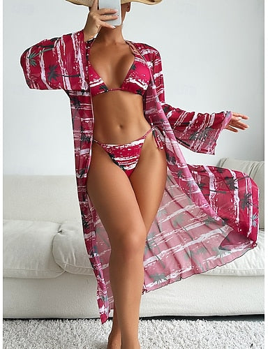Bikini 3 Piece Swimsuit Palm Cheeky Slim Backless Vacation Beach Wear Graphic Leaves Halter Neck Sleeveless Bathing Suits
