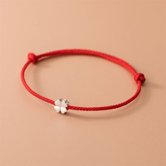 Red String 925 Silver Four Leaf Clover Bracelet