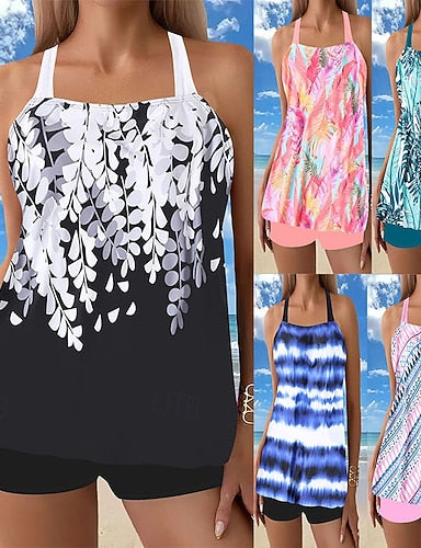 Swimwear 2 Piece Shorts Swimsuit Backless Vacation Beach Wear Graphic Round Neck Sleeveless Bathing Suits