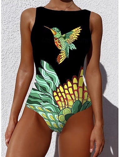 Swimwear One Piece Monokini Briefs Swimsuit Tummy Control High Waist Slim Backless Vacation Beach Wear Graphic Animal Round Neck Sleeveless Bathing Suits