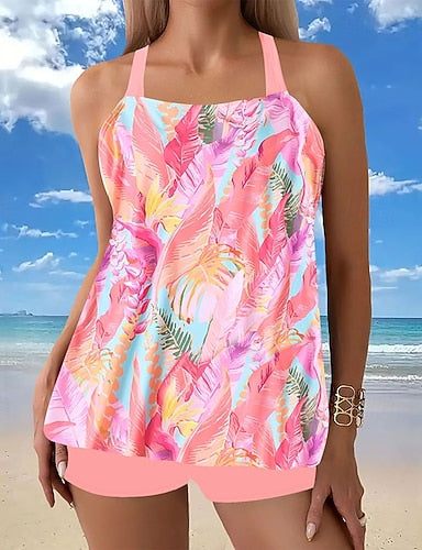 Swimwear 2 Piece Shorts Swimsuit Backless Vacation Beach Wear Graphic Round Neck Sleeveless Bathing Suits