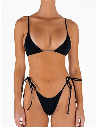 Swimwear Bikini 2 Piece Thong Swimsuit Backless Vacation Beach Wear Plain U Neck Sleeveless Bathing Suits