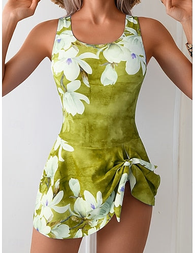 One Piece Swimsuit With Skirt Monokini High Cut Tummy Control High Waist Slim Backless Vacation Graphic U Neck Sleeveless Bathing Suits
