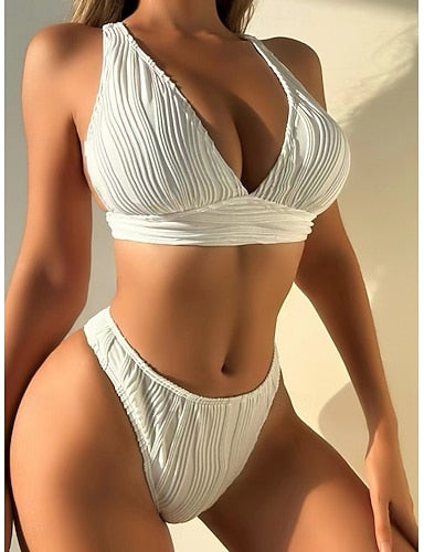 Bikini 2 Piece Swimsuit Underwire Thong Slim Backless Vacation Beach Wear Color V Neck Sleeveless Bathing Suits