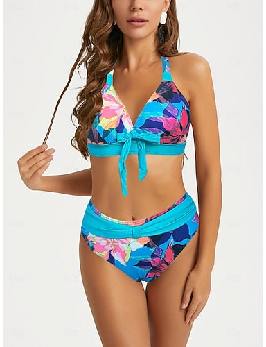 Swimwear 2 Piece Shorts Swimsuit Backless Geometrical Vacation Beach Wear Graphic Plunge Sleeveless Bathing Suits