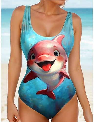 Swimwear One Piece Monokini Briefs Swimsuit Tummy Control High Waist Slim Backless Vacation Graphic Animal U Neck Sleeveless Bathing Suits