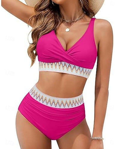 Bikini 2 Piece Swimsuit Ruched Underwire Briefs Slim Backless Vacation Beach Wear Color V Neck Sleeveless Bathing Suits