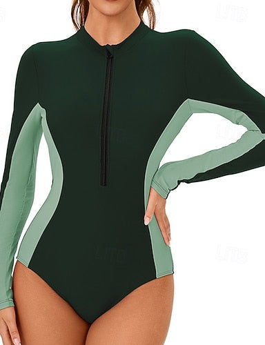 Rash Guard Bathing Suit One Piece Swimsuit Patchwork Zip Up Uv Sun Protection Upf50+ Long Sleeve Swimwear Surfing Swimming Summer