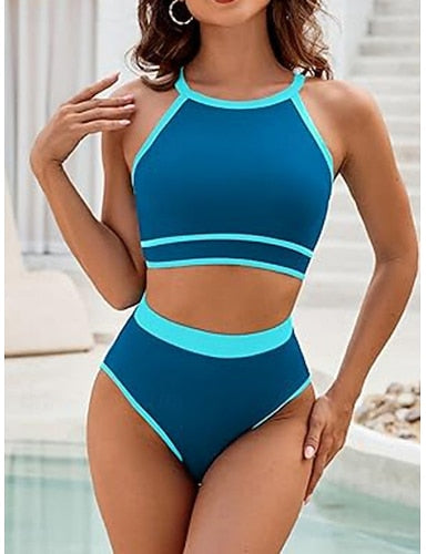 Bikini 2 Piece Swimsuit Colorblock Briefs Slim Backless Vacation Beach Wear Stripe Halter Neck Sleeveless Bathing Suits