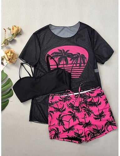 Swimwear One Piece Bikini Shorts Swimsuit Drawstring Vacation Beach Wear Graphic Round Neck Long Sleeve Bathing Suits