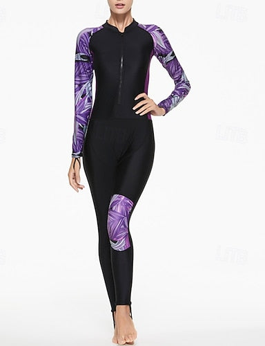 Rash Guard One Piece Swimsuit Patchwork Printed Removable Pad Front Zip Quick Dry Lightweight Breathable Long Sleeve Bodysuit Bathing Suit Surfing Beach Water Sports Summer