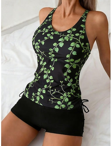 Swimwear Tankini 2 Piece High Waist Swimsuit Tummy Control High Waist Slim Backless Vacation Beach Wear U Neck Sleeveless Bathing Suits