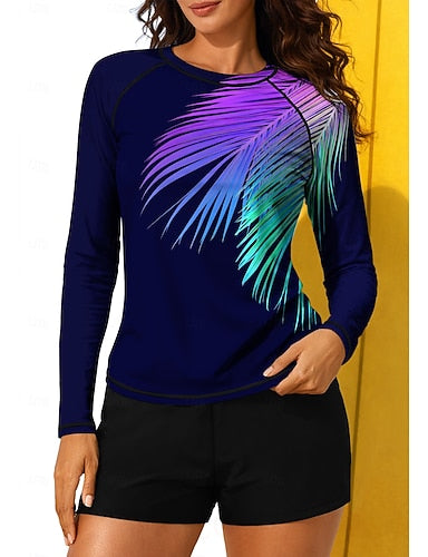Regular Rash Guard Swimsuit Rash Guard Print Swimsuit Tropical Color-blocking 2 Piece Removable Pad Boyleg Uv Sun Protection Upf50+ Uv Protection Long Sleeve Swimwear Sun Shirt