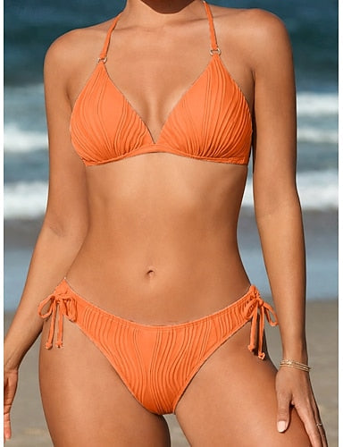 Swimwear Bikini 2 Piece Briefs Swimsuit Backless Vacation Beach Wear Plain Halter Neck Sleeveless Bathing Suits