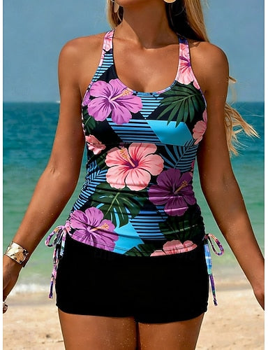 Swimwear Tankini 2 Piece High Waist Swimsuit Tummy Control High Waist Slim Backless Vacation Beach Wear U Neck Sleeveless Bathing Suits