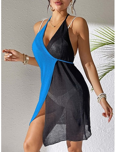 Cover Up Swimsuit Dress Patchwork Vacation Beach Wear Color V Neck Sleeveless Bathing Suits