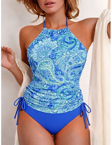 Swimwear Tankini 2 Piece Cheeky Swimsuit Drawstring Vacation Beach Wear Graphic Halter Neck Sleeveless Bathing Suits